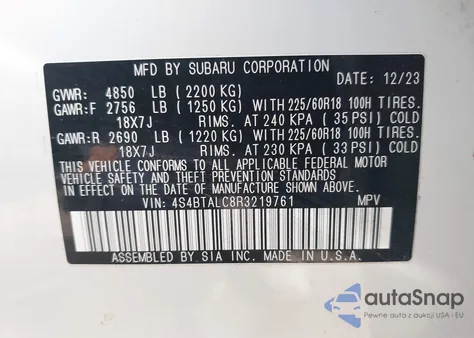 2024 Subaru Outback Onyx Edition z USA, uszkodzony, nr VIN 4S4BTALC8R3219761